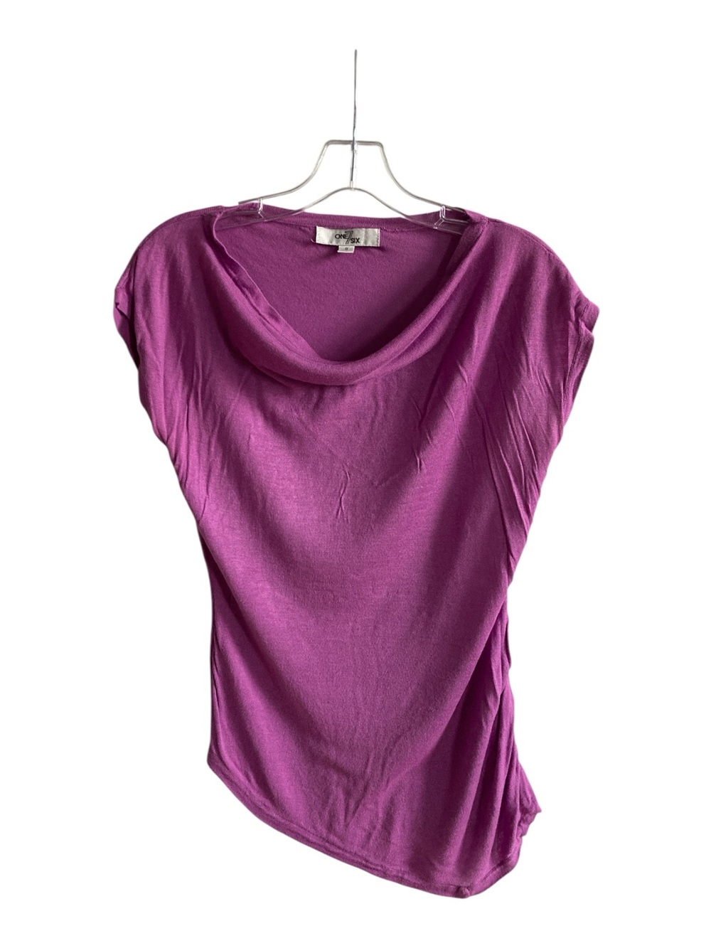 One 7 Six Small Grecian Folds Orchid Berry Modern Y2K Cowlneck Short Sleeve Top